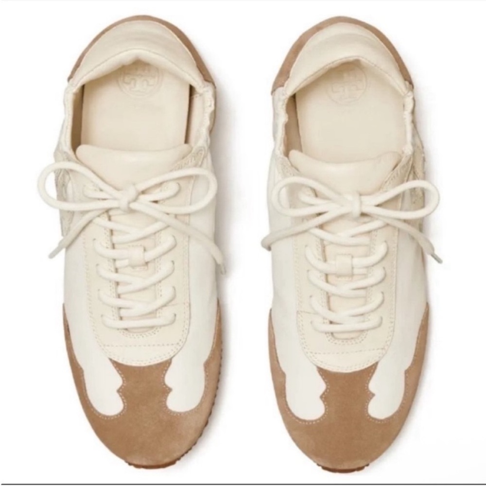 Tory Burch Leather Suede Logo Lace Up Sneakers Ivory Tan Size 9.5 - Picture 4 of 6